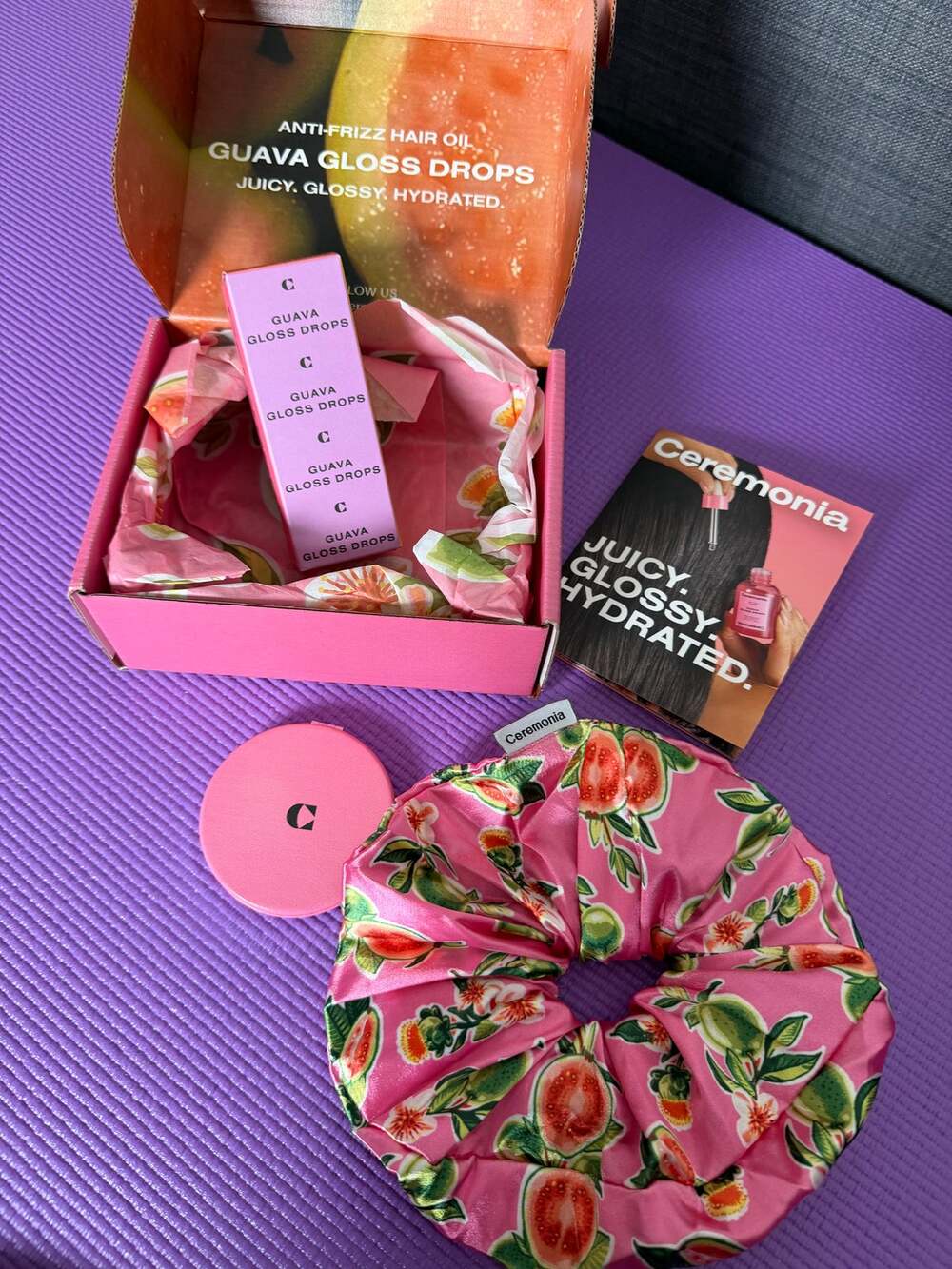 Ceremonia Guava Gloss Drops Hair Oil Gift Set Scrunchie Mirror New 30ml
